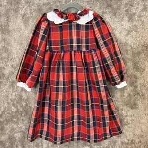 Vintage Bryan Red Tartan Plaid Dress Scallop Peter Pan Collar Christmas Girls 6X